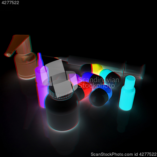 Image of Syringe, tablet, pill jar. 3D illustration. Anaglyph. View with 