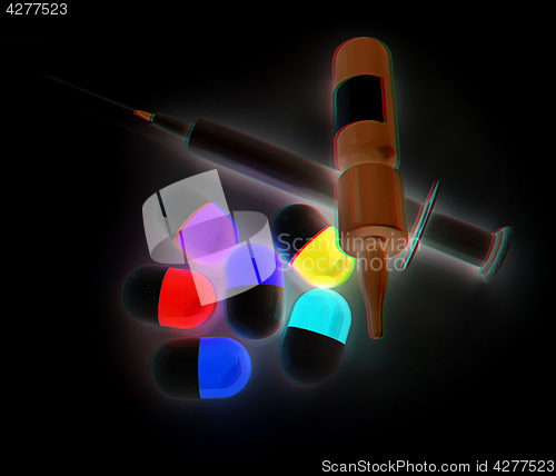 Image of Syringe, tablet, pill jar. 3D illustration. Anaglyph. View with 