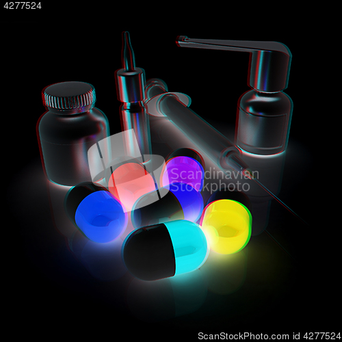 Image of Syringe, tablet, pill jar. 3D illustration. Anaglyph. View with 