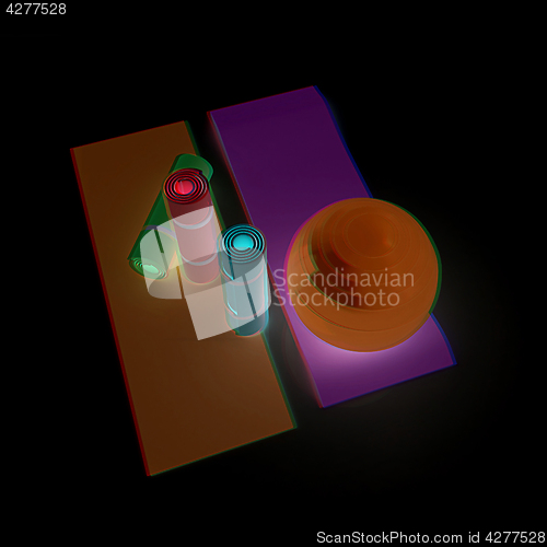 Image of karemat and fitness ball. 3D illustration. Anaglyph. View with r