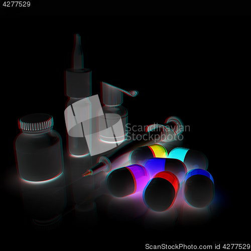 Image of Syringe, tablet, pill jar. 3D illustration. Anaglyph. View with 