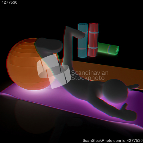 Image of 3d man on a karemat with fitness ball. 3D illustration. Anaglyph