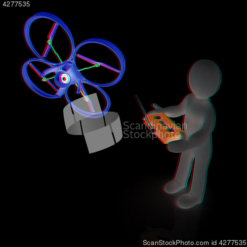 Image of 3d man with drone, quadrocopter, with photo camera. 3d render. 3