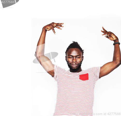 Image of young handsome afro american boy stylish hipster gesturing emotional isolated on white background smiling, people lifestyle concept