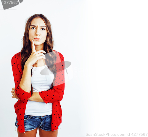 Image of young pretty stylish brunette hipster girl posing emotional isolated on white background happy smiling cool smile, lifestyle people concept 