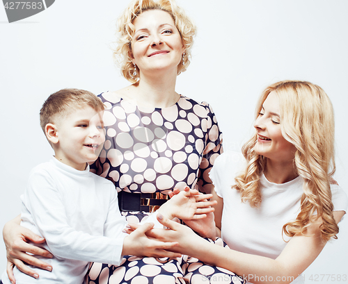 Image of happy smiling family together posing cheerful on white background, lifestyle people concept, mother with son and teenage daughter isolated 