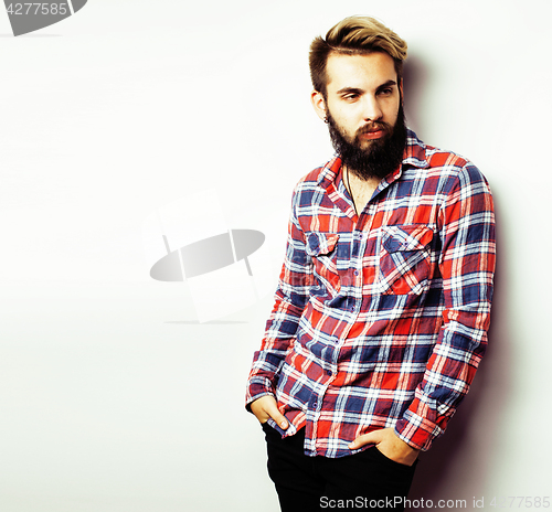 Image of young handsome hipster bearded guy looking brutal isolated on white background, lifestyle people concept