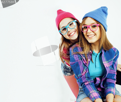 Image of best friends teenage girls together having fun, posing emotional on white background, besties happy smiling, lifestyle people concept