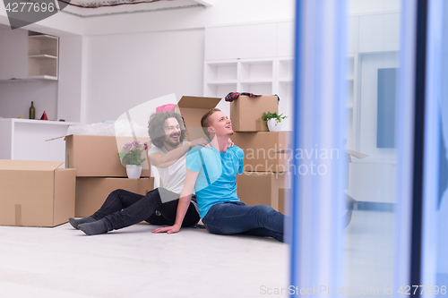 Image of young  gay couple moving  in new house