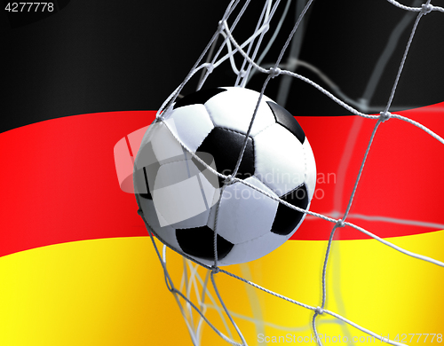 Image of soccer ball on German flag background