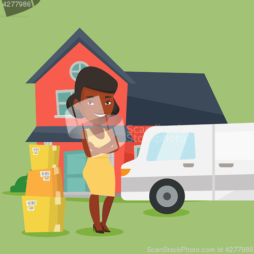 Image of Woman moving to house vector illustration.