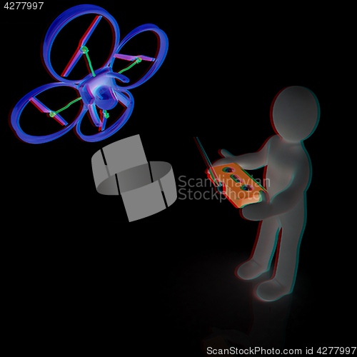 Image of 3d man with drone, quadrocopter, with photo camera. 3d render. 3