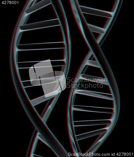 Image of DNA structure model. 3d illustration. Anaglyph. View with red/cy