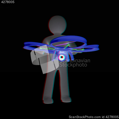 Image of 3d man with drone, quadrocopter, with photo camera. 3d render. 3