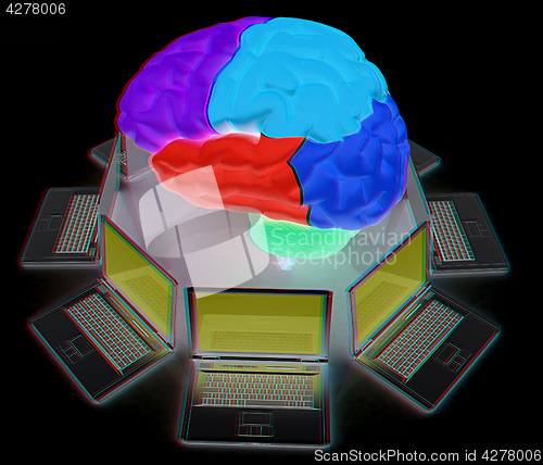 Image of Computers connected to central brain. 3d render. Anaglyph. View 