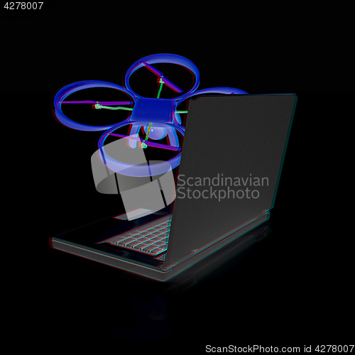 Image of Drone and laptop. 3D render. Anaglyph. View with red/cyan glasse