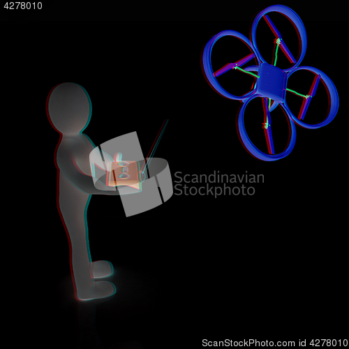 Image of 3d man with drone, quadrocopter, with photo camera. 3d render. 3