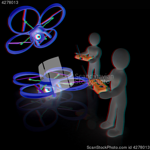 Image of 3d man with drone, quadrocopter, with photo camera. 3d render. 3