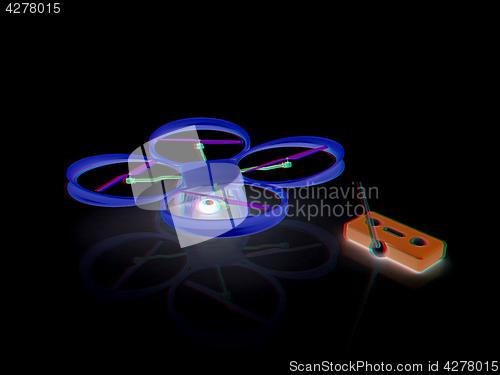 Image of Drone with remote controller. Anaglyph. View with red/cyan glass