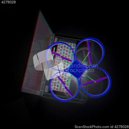 Image of Drone and laptop. 3D render. Anaglyph. View with red/cyan glasse