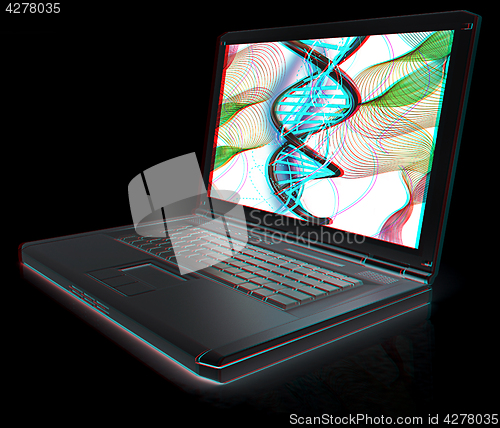 Image of Laptop with dna medical model background on laptop screen. 3d il