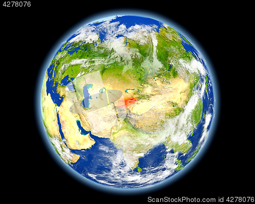 Image of Kyrgyzstan in red from space