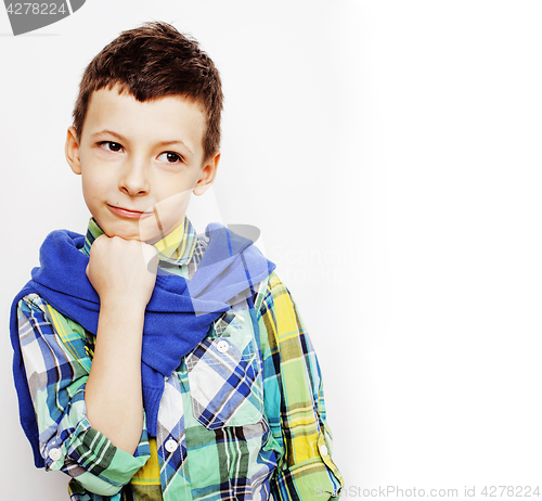 Image of little cute adorable boy posing gesturing cheerful on white background, lifestyle people concept