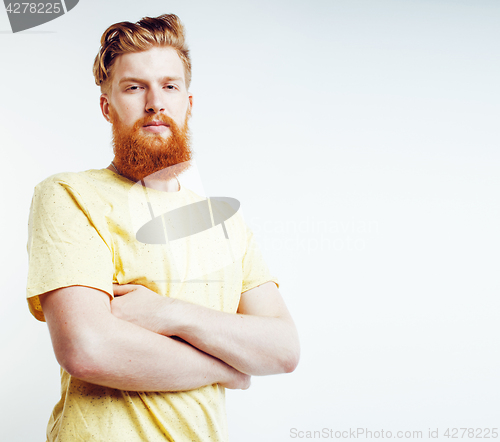 Image of young handsome hipster bearded guy looking brutal isolated on white background, lifestyle people concept