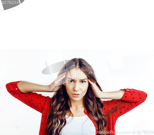 Image of young pretty stylish brunette hipster girl posing emotional isolated on white background happy smiling cool smile, lifestyle people concept 