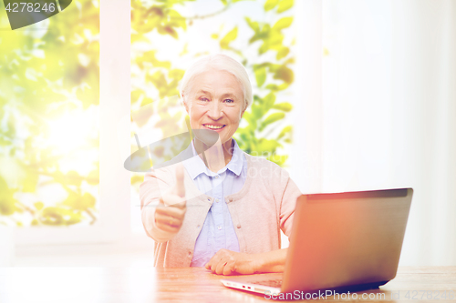 Image of happy senior woman with laptop showing thumbs up