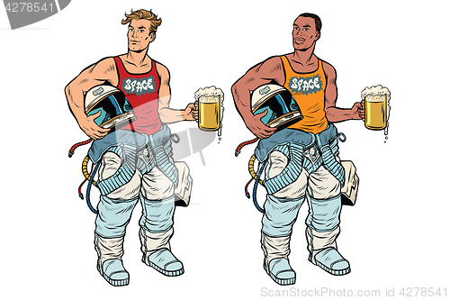 Image of African and Caucasian cosmonaut with a beer