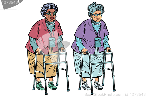 Image of African and Caucasian old ladies with walker