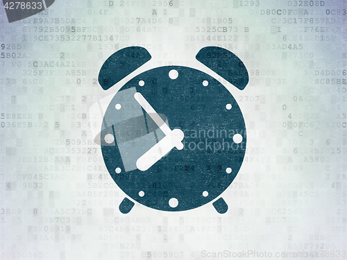 Image of Time concept: Alarm Clock on Digital Data Paper background