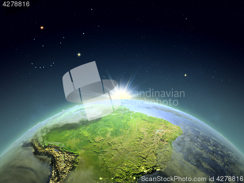 Image of South America from space in sunrise
