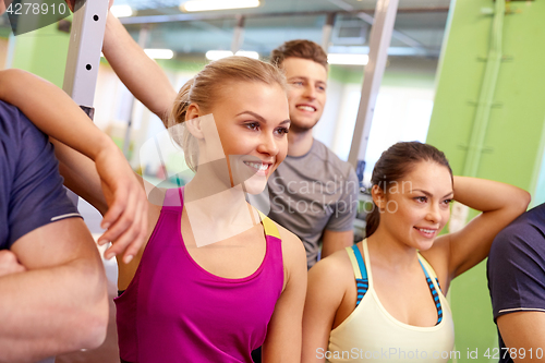 Image of group of happy friends in gym