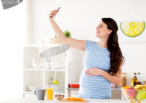 Image of happy pregnant woman with smartphone at kitchen