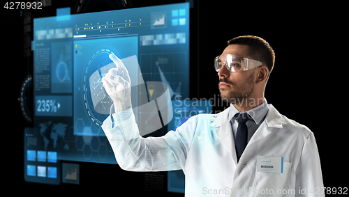 Image of doctor or scientist in goggles with virtual screen