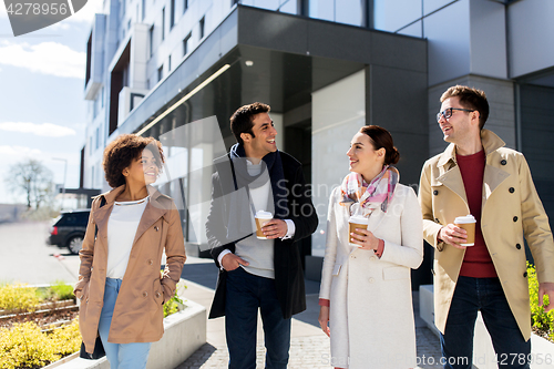 Image of group of people or friends with coffee in city