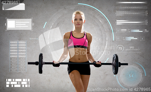 Image of young sporty woman exercising with barbell