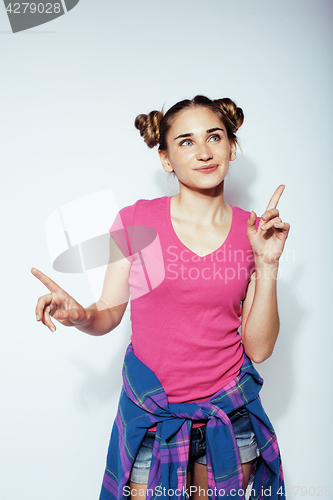 Image of young pretty stylish hipster girl posing emotional isolated on white background happy smiling cool smile, lifestyle people concept 