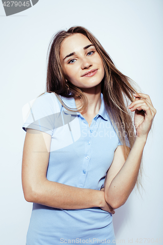 Image of young pretty stylish hipster girl posing emotional isolated on white background happy smiling cool smile, lifestyle people concept 