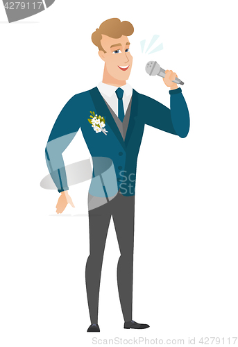 Image of Caucasian groom singing to the microphone.