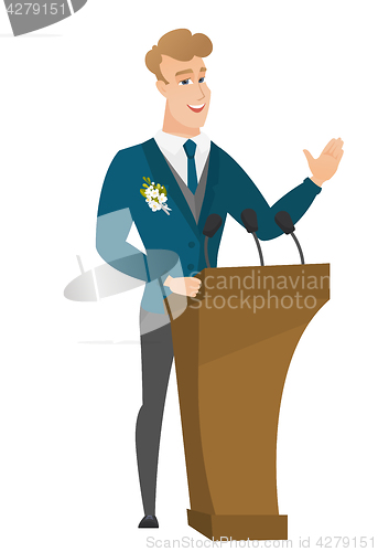 Image of Caucasian groom giving a speech from tribune.