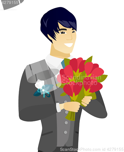 Image of Young asian groom with a bridal bouquet.
