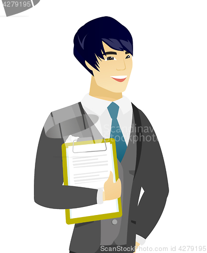 Image of Young asian groom holding clipboard with documents