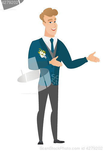 Image of Young caucasian happy groom gesturing.