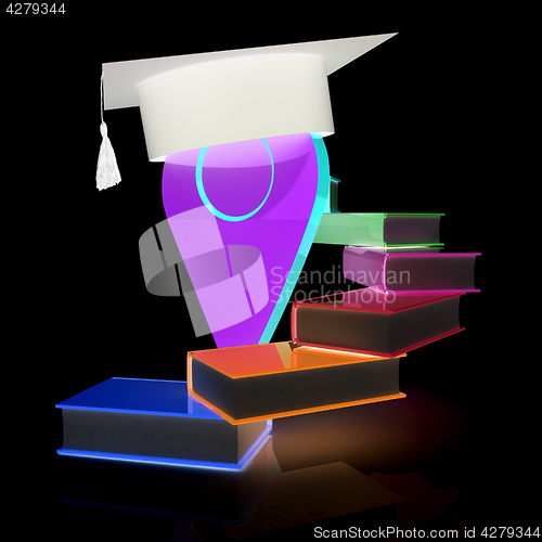 Image of Pointer of education in graduation hat with books around. 3d ill