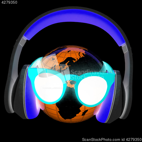 Image of Earth planet with earphones and sunglasses. 3d illustration