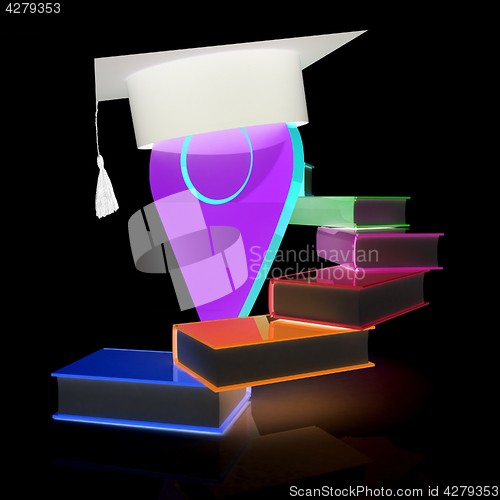 Image of Pointer of education in graduation hat with books around. 3d ill