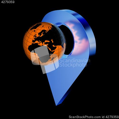 Image of Planet Earth and golden map pins icon on Earth. 3d illustration.